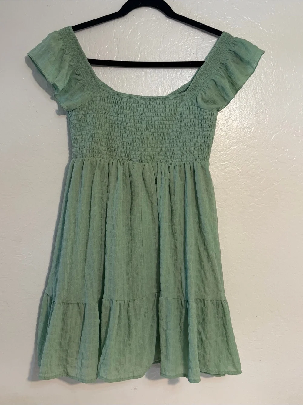 Thirty Thirty LA Sage Green Off Shoulder Smocked Tiered Ruffle Mini Dress M